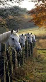 Four white horses along rustic fence in autumn meadow.