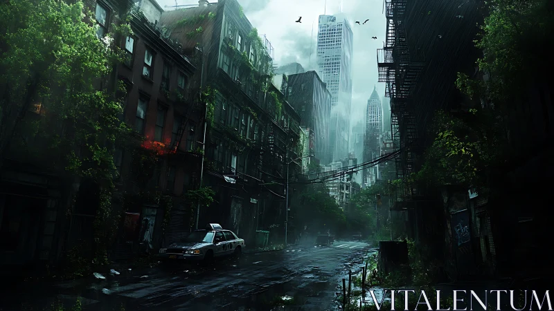 Digital painting of overgrown post-apocalyptic city street scene.