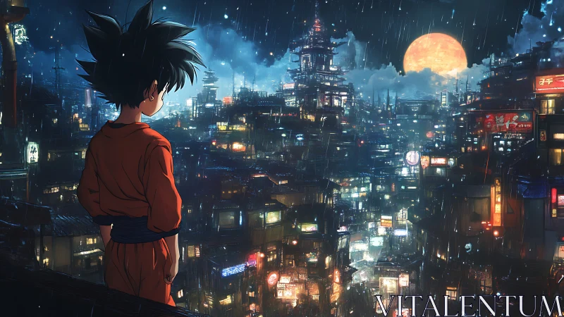 Child in orange gi observing dense neon city at night.