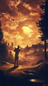 Golfer chasing twilight beneath a molten golden sky.