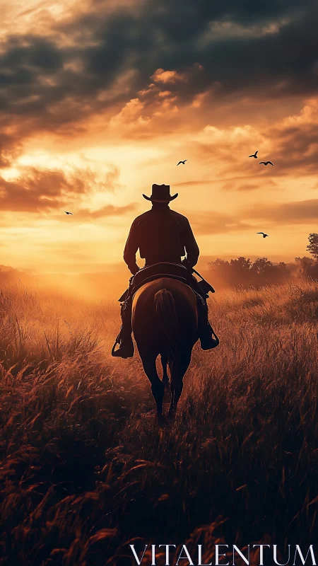 Cowboy riding home through sunlit prairie evening glow.