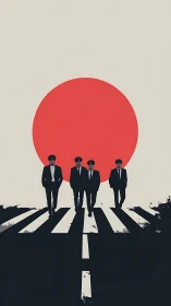 Silhouetted band strides beneath a blazing crimson sun.