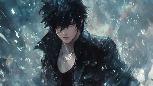 Moody anime protagonist amid dynamic icy particle vortex field