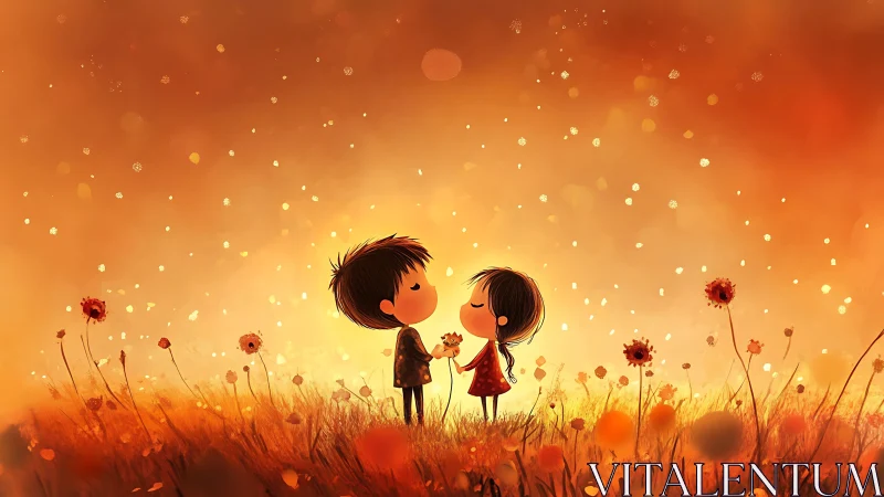 Boy and Girl Share Flower in Golden Sunset Field