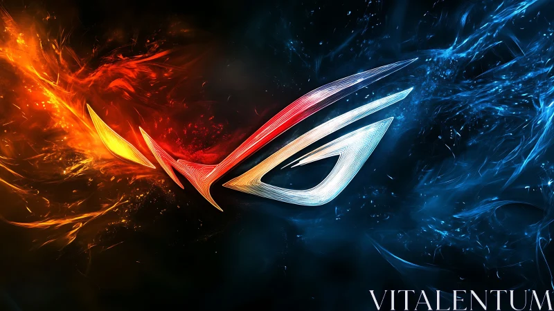 Fiery red and cool blue energy collide around sleek logo.