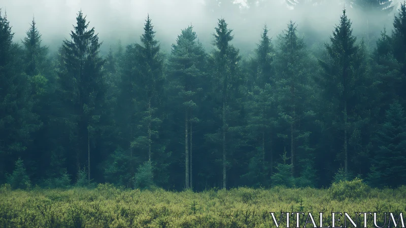 Misty evergreen forest with dense pines and tranquil atmosphere.