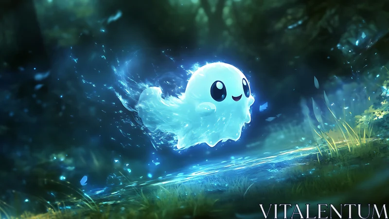 Glowing spirit character drifting through enchanted forest.