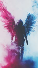 Hooded angel strides through neon smoke and split wings.