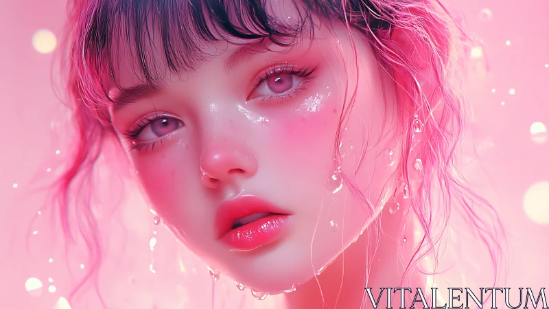 Hyperreal pink portrait renders dewy skin and glassy gaze