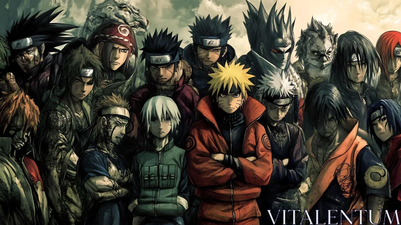 Group portrait of intense anime ninjas in battle wear.