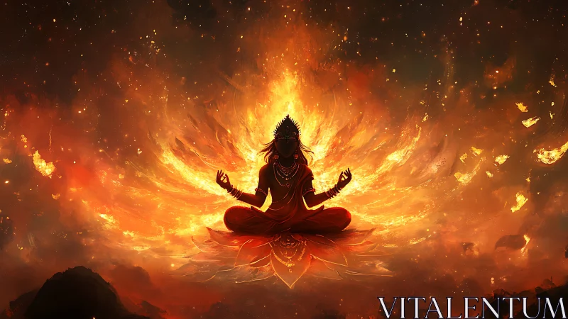 Fiery lotus yogi silhouette radiates celestial inferno.