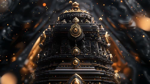 Gilded temple spire rises amid glowing embers and shadowed depths.