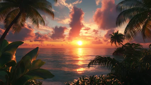 Vibrant tropical sunset over calm ocean with palm trees.