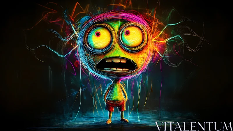 Neon shocked cartoon figure in chaotic electric aura.