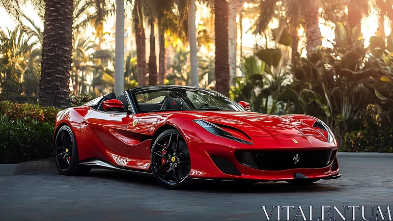 Sunlit red convertible resting beneath dreamy palm trees.