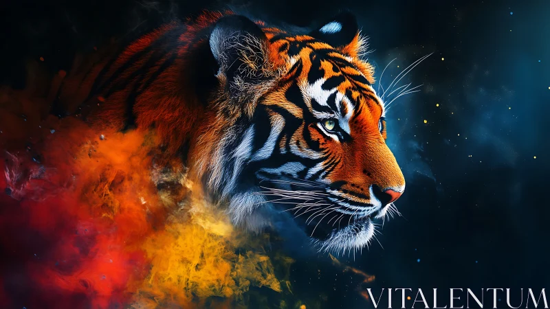 Tiger portrait with vivid smoke and dark cosmic background.