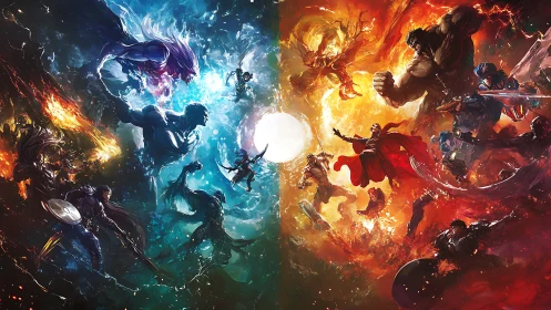 Dynamic cosmic clash with mirrored elemental superhero forces.