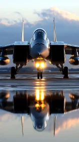 Twin‑engine fighter jet aligned on wet runway with axial reflection