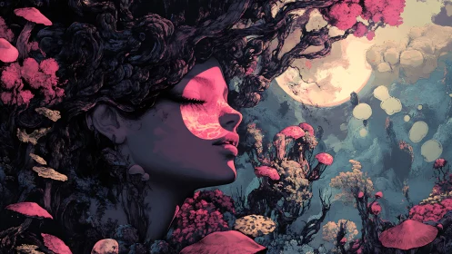 Human profile integrates with organic forms under full moon