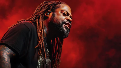 Male vocalist performing on stage against red backdrop.