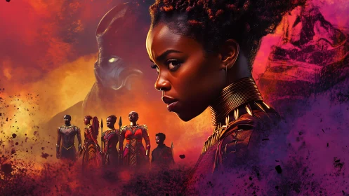 Heroic warrior portrait amid fiery cosmic battlefield.