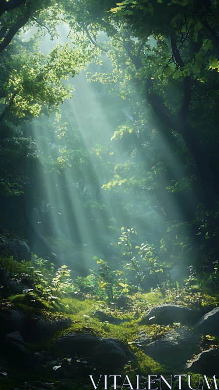 Forest interior with directional light rays penetrating dense canopy.