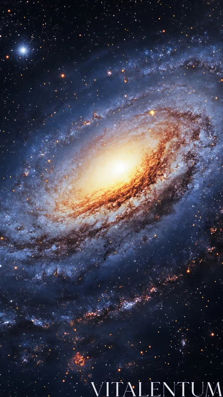 Spiral galaxy glows warmly in swirling starry deep space