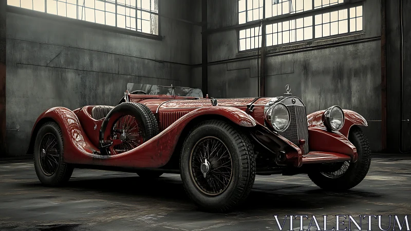 Vintage red roadster rests in moody industrial garage.