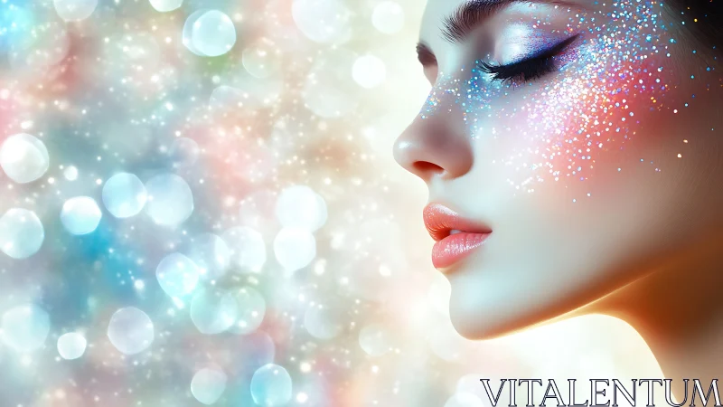 Iridescent glitter portrait with high-bokeh optical field.