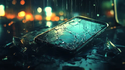 Shattered phone in the rain capturing a quiet city heartbreak.