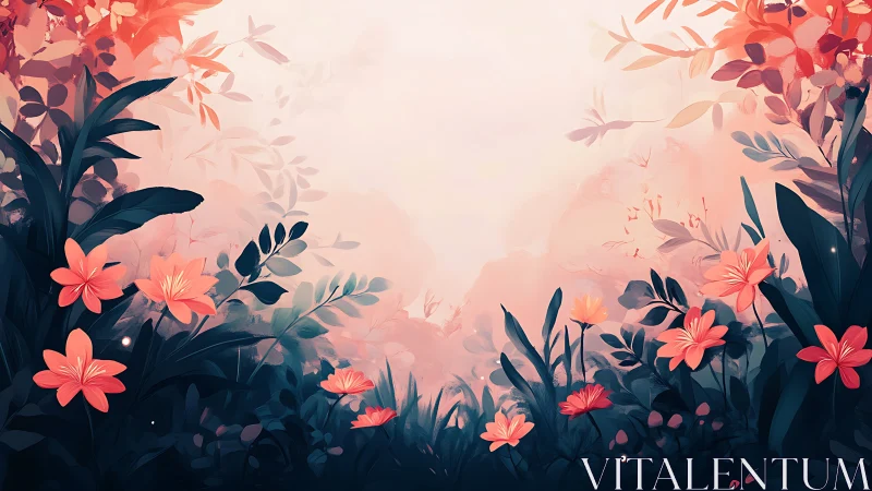 Luminescent Garden at Dusk with Coral Blooms