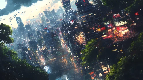 Digital painting of neon vertical city canyon with forest edges.