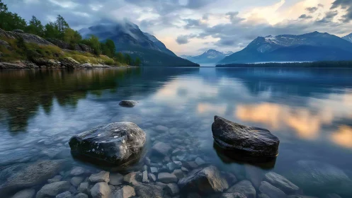 Gentle mountain lake rests beneath soft evening clouds