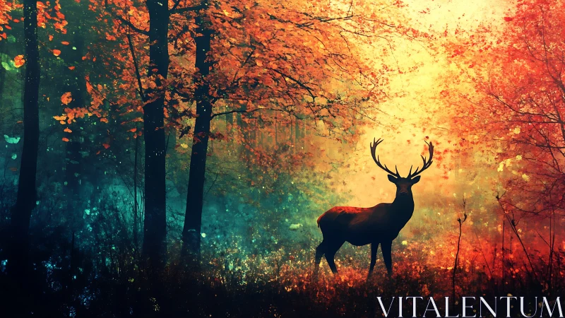 Gentle stag resting in a glowing autumn dream forest.