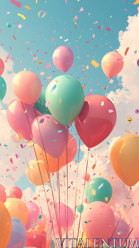 Colorful Balloons Floating Against Sky with Confetti