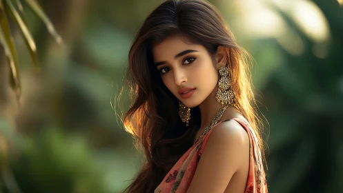 Golden hour portrait highlights jeweled elegance outdoors.