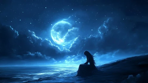Solitary silhouette under luminous lunar seascape night.