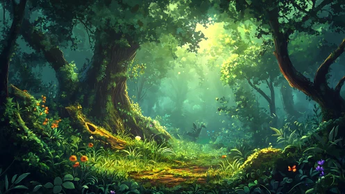 Enchanted Forest Corridor with Luminous Canopy and Ground Flora