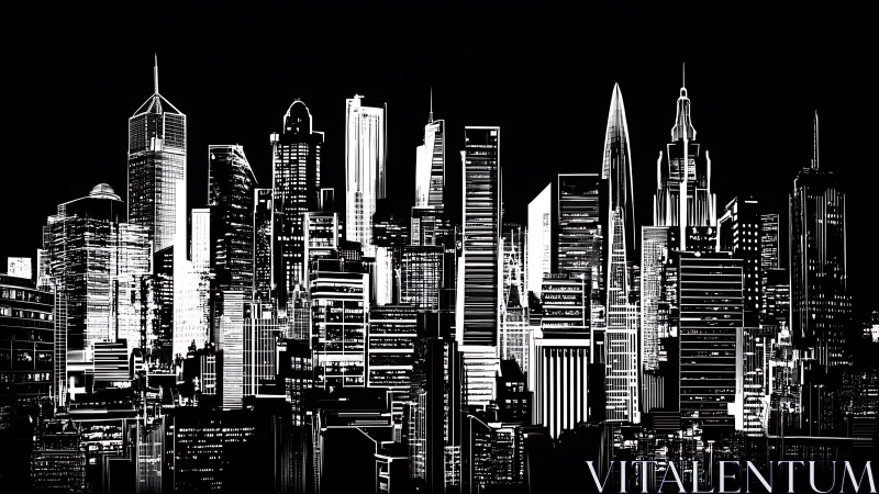 Monochrome high-rise skyline in dense architectural silhouette.