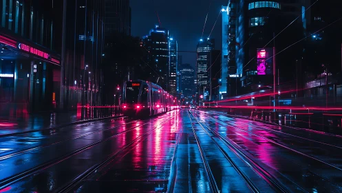 Neon city tram glides through glowing wet streets at night