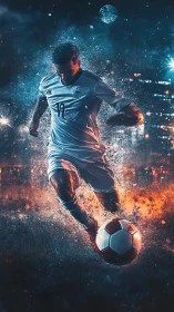 Dynamic soccer forward strikes ball amid explosive lights