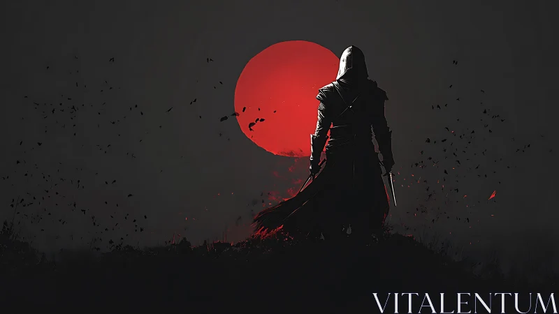 Midnight rogue studies a bleeding moon before the last strike