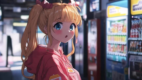 Blonde ponytailed girl in red hoodie near vending machines.