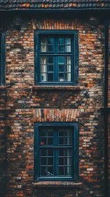 Quiet brick facade with teal windows and a watchful cat.