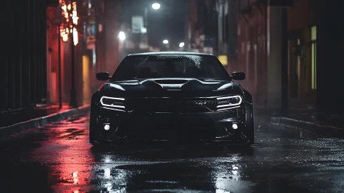 Midnight muscle car stalks neon soaked rain slick streets.