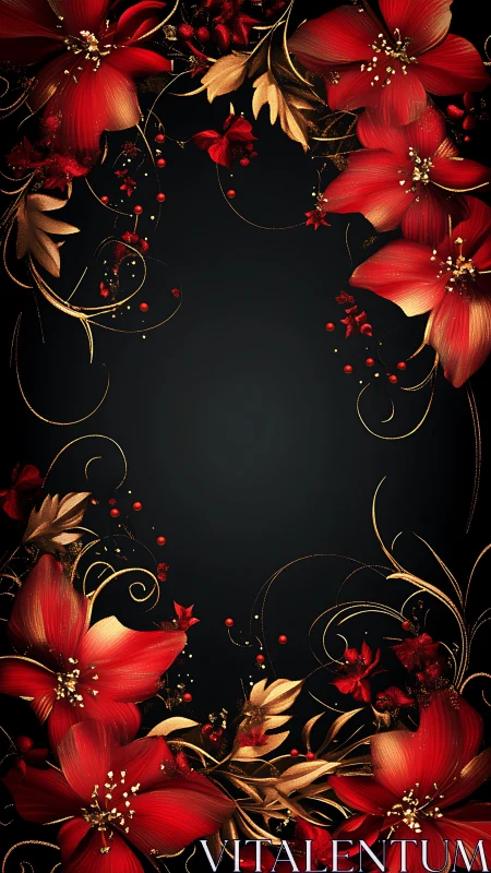 Red and gold floral border on dark background, vertical layout.