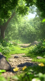 Sunlit pathway beneath canopy with selective depth of field focus.