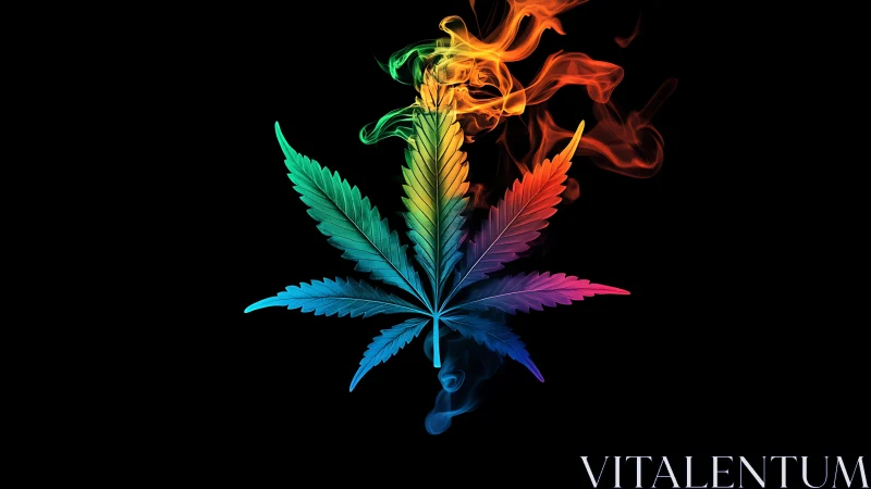 Multicolor cannabis leaf silhouette with rising smoke plume.