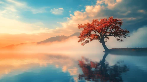 Solitary red tree reflects in still lake under volumetric sunrise light