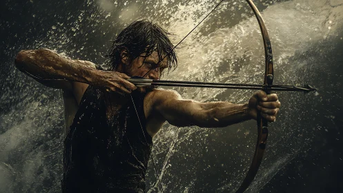Mud-soaked archer draws bow under crashing storm spray